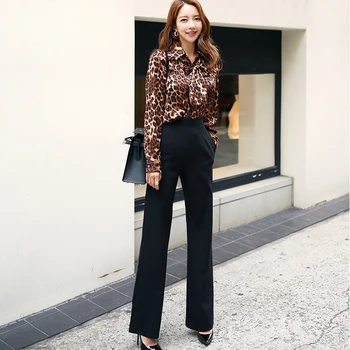 

Women Sexy Two Piece Set female Leopard long Sleeves T Shirt Tops+Long Pants Korean Single Breasted Bodycon trouser suits