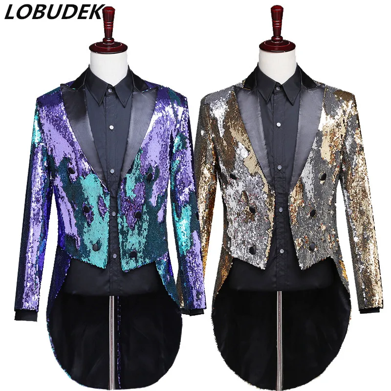 Reflector láser para hombre Swallowtail Gold Purple Tail abrigos noche Club moda Variable colores colas mago cantante baile disfraz - 1