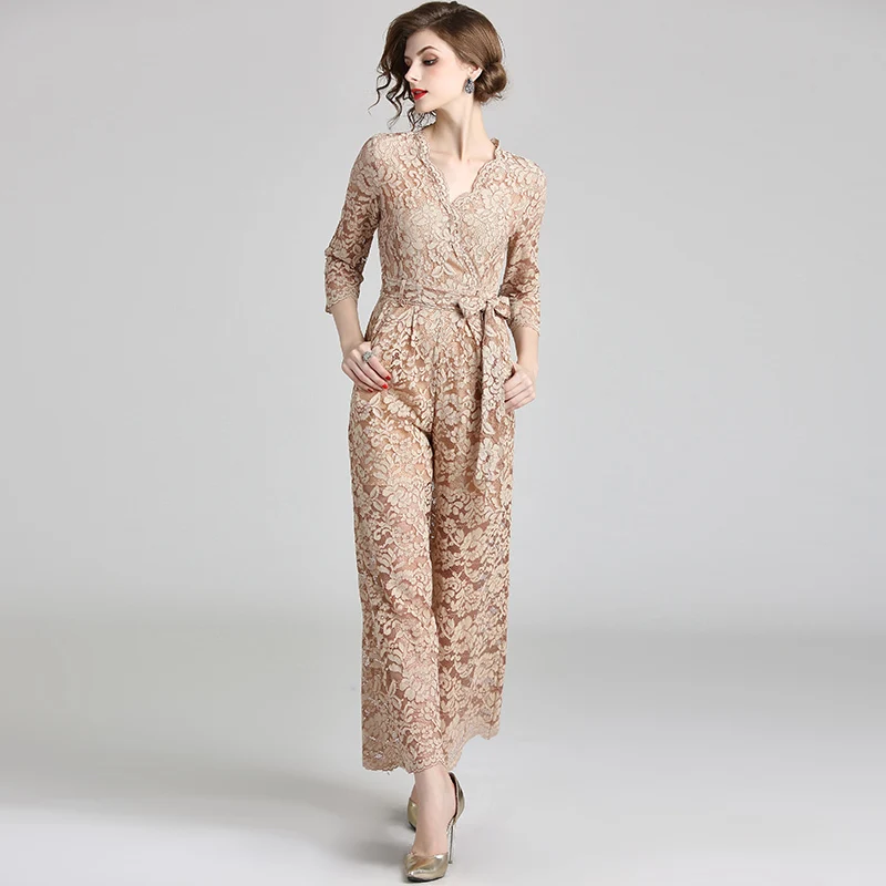 Designer Runway Wide Leg Jumpsuits Women Chic Lace Up Sexy Lace Rompers Loose Casual Long Pants Suits Woman Jumpsuit Maxi Khaki