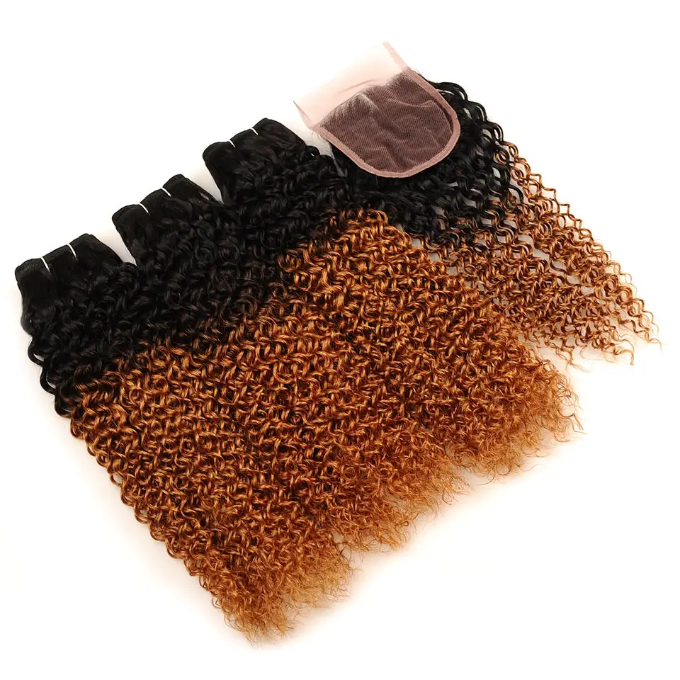 Pinshair Indian Kinky Curly Hair Ombre 1B 30 3 Bundles With Closure Blonde Indian Jerry Human Hair With Closure Non Remy No Shed (31)