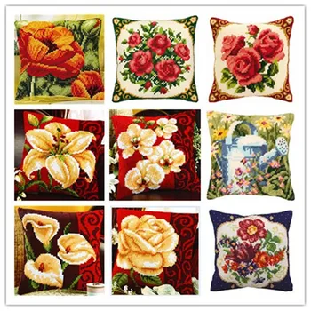 

Cross Stitch Pillow Mat DIY Craft Flower Latch Hook Kit 42CM by 42CM Needlework Crocheting Cushion Embroidery