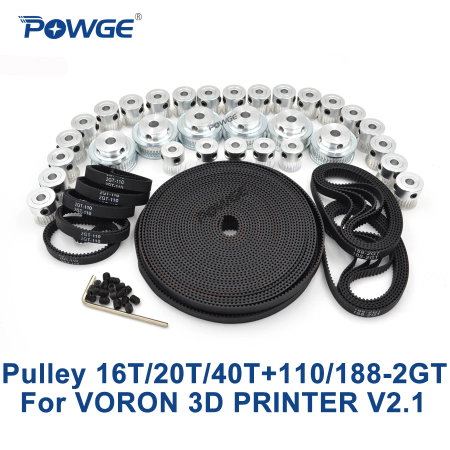 

POWGE VORON 3D PRINTER V2.1 Set MOTION GT2 BOM PARTS 2GT Timing pulley Bore 5mm 16T/20T/40T and 110-2GT 188-2GT loop open belt