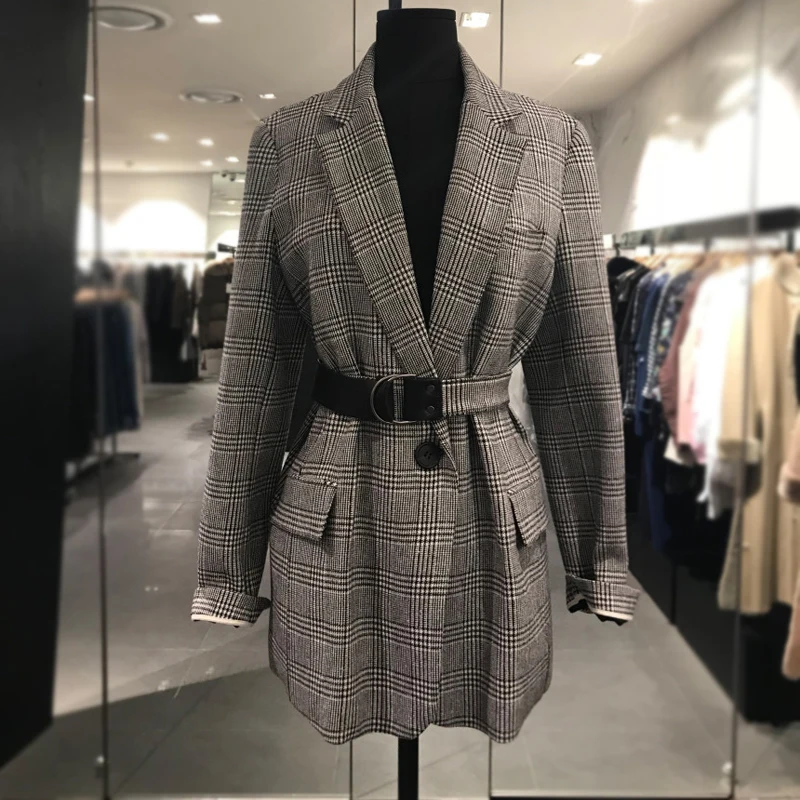 

[EWQ] 2019 Spring Autumn Long Sleeve Notched Collar Belt Plaid Suit Button Slim Pockets Office Lady Suit Women Clothing OC731