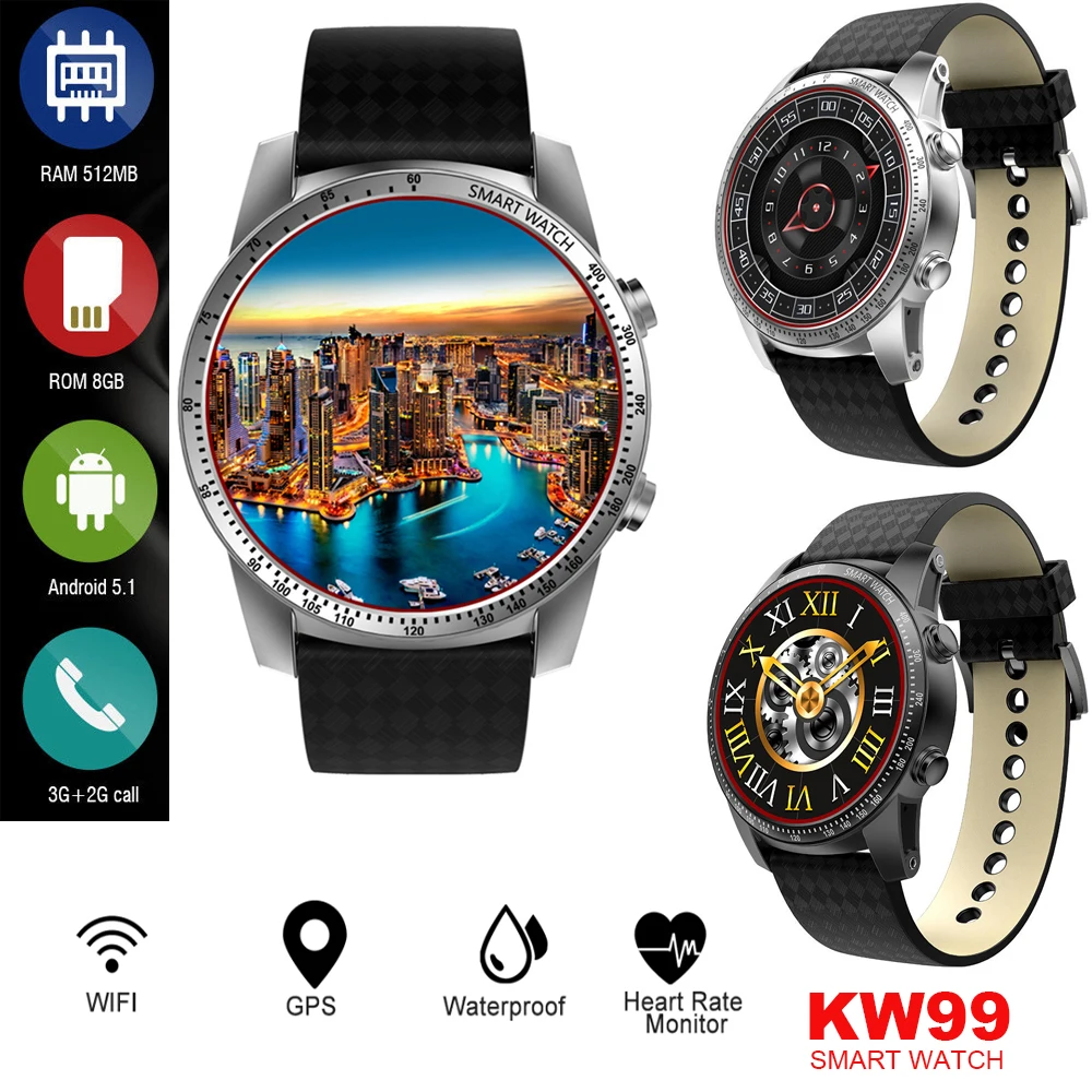 

KW99 3G Smartwatch Phone Android 5.1 MTK6580 Quad Core 8GB ROM Heart Rate Monitor Pedometer GPS Anti-lost Smart Watch