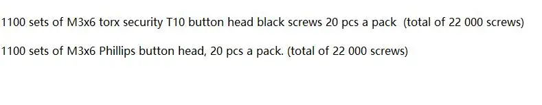 

1100 sets and 1100 sets of M3x6 torx security T10 button head black screws and M3x6 Phillips