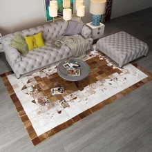 American style luxury natural brown cowhide patchwork rug, big size milch cow skin fur chequer carpet for living room