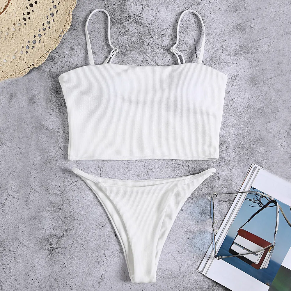

LANGSTAR Spaghetti Strap Padded Backless Ribbed Solid Color Low Waist Women Separate Female Swimsuit Bikini 2019 Mujer Set