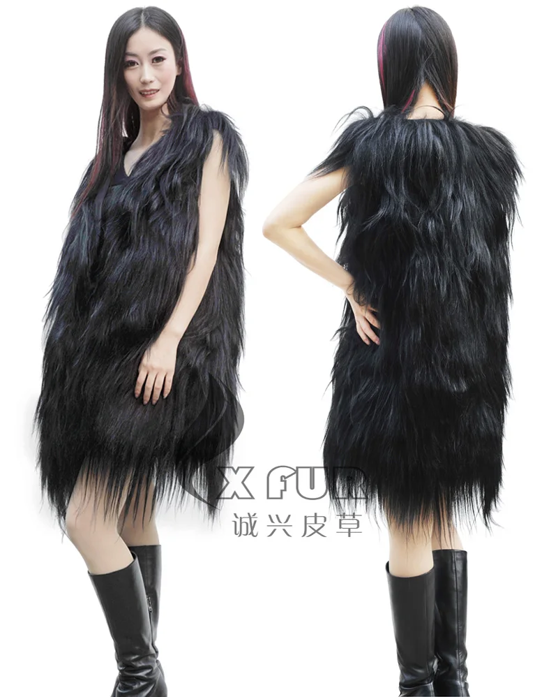 

CX-G-B-130 Winter Female Black Sleeveless Goat Long Fur Vest Women Solid Fluffy Genuine Goat Fur Gilet Woman Goat Vests Ladies