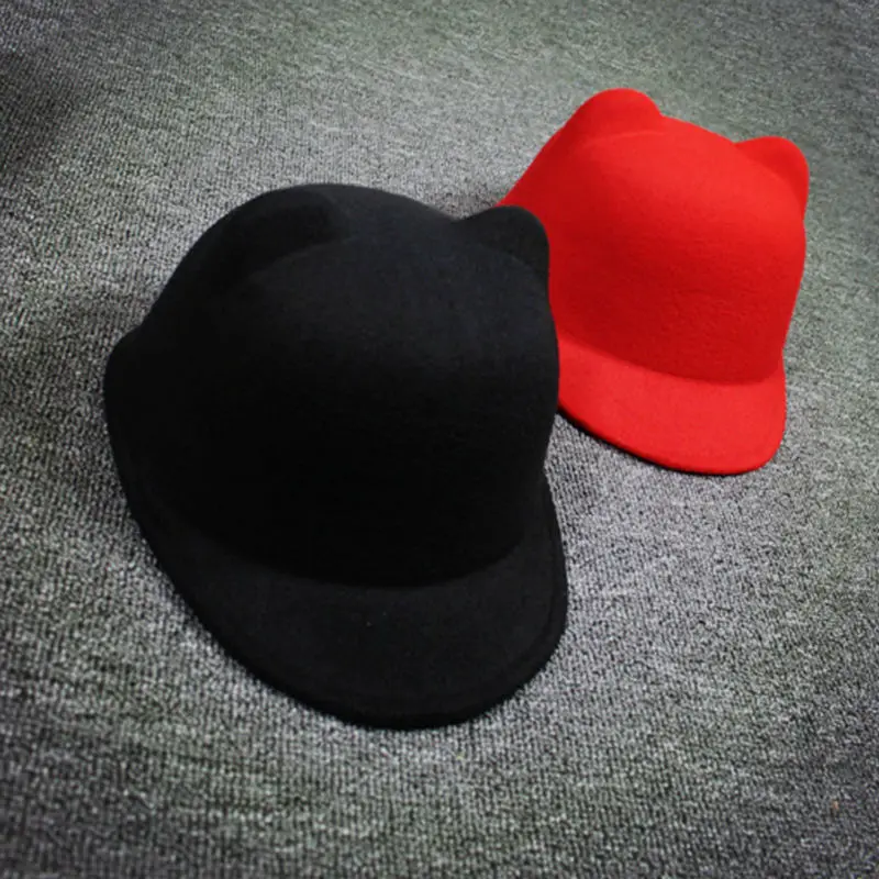 Мода Новая Зимняя Женщины Дьявол Hat Cute Kitty Ушей Кота Шерсть Дерби Боулер Cap