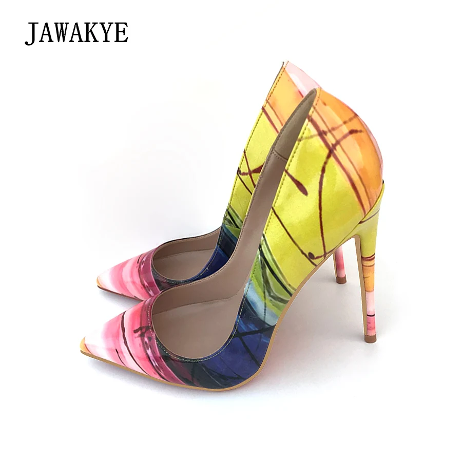 

JAWAKYE Sexy Women Pumps Pointy Toe Extreme high heels Super Thin Heels Shoes Mixed color Shallow Nightclub Party Shoes Woman