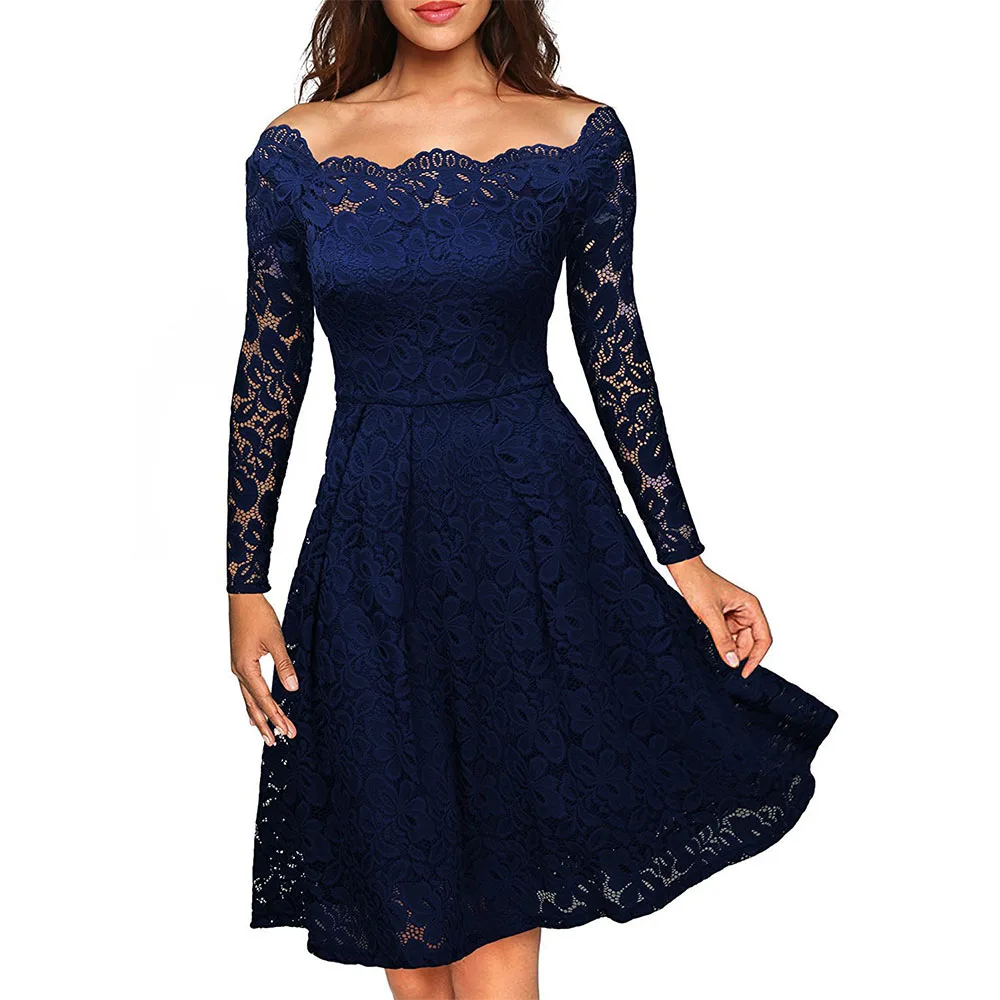 Женские платья с длинным рукавом и вырезом лодочкой, одежда для свадебной вечеринки, повседневное ТРАПЕЦИЕВИДНОЕ сексуальное красное черное белое кружевное платье размера плюс S-3XL - Цвет: Blue