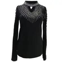 Осенняя Новая модная футболка с v-образным вырезом и длинными рукавами размера плюс 3XL, тонкая модная футболка с бисером и бриллиантами