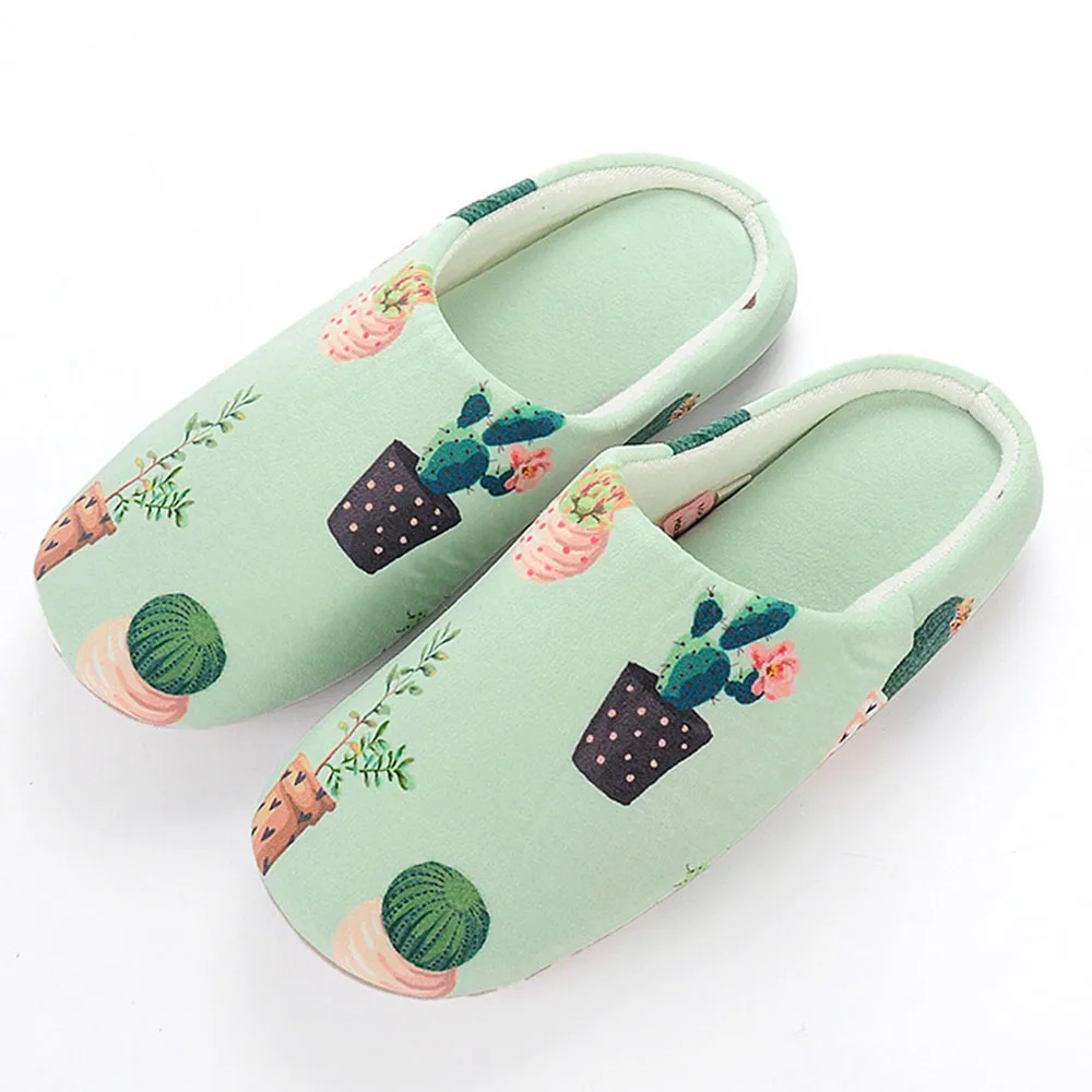 

KESMALL 2018 Home Women Slippers Cactus Printed Mute Non-slip Soft Cotton Slipper Winter Indoor Lovers Shoes For Ladies Female