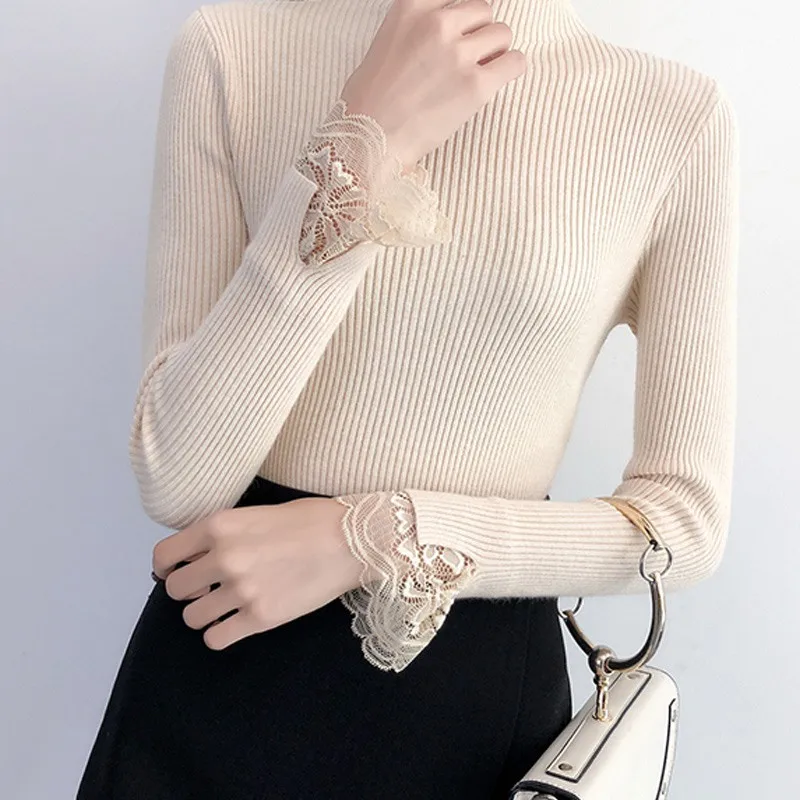 

Lace Patchwork Knitted Pullover Women Turtleneck Autumn Winter Pullovers