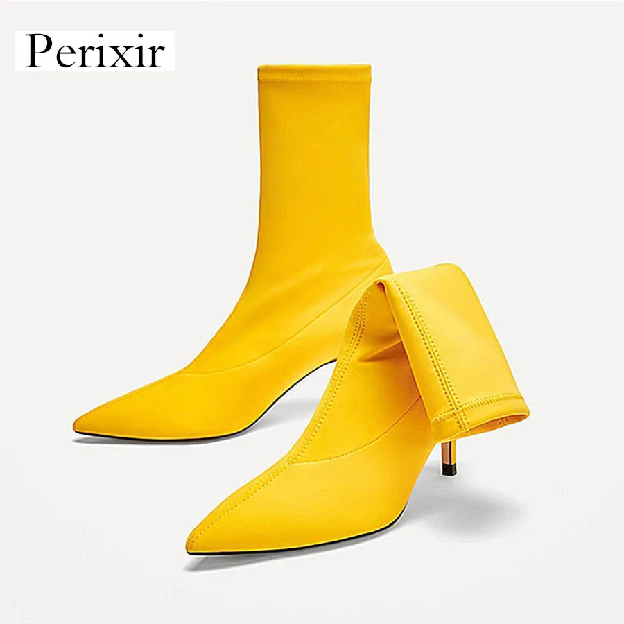 

Perixir 2019 New Women Sock Boots Pointed Toe Elastic High Boots Slip On High Heel Ankle Boots Women sexy Pumps Stiletto Botas