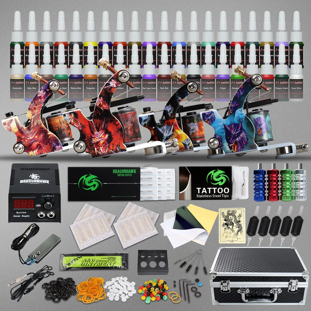 

Beginner Complete Tattoo Kit Supplies 4 Machine Guns 40 color Inks Power supply Needles Grip Tip Set in Box D120GD