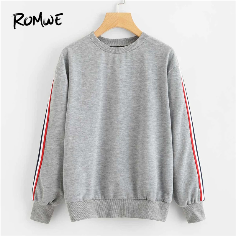 

ROMWE Grey Stripe Tape Detail Pullover Female Casual Autumn New Design Round Neck Long Sleeve Clothing Spring Crop Sweatshirt