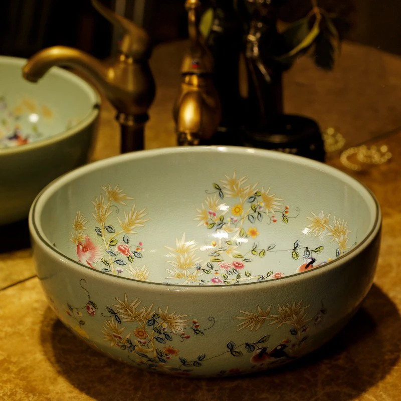 Goedkoop Gebarsten ijs hand geschilderd keramische aanrecht porselein hand wassen gezicht badkamer basin sink