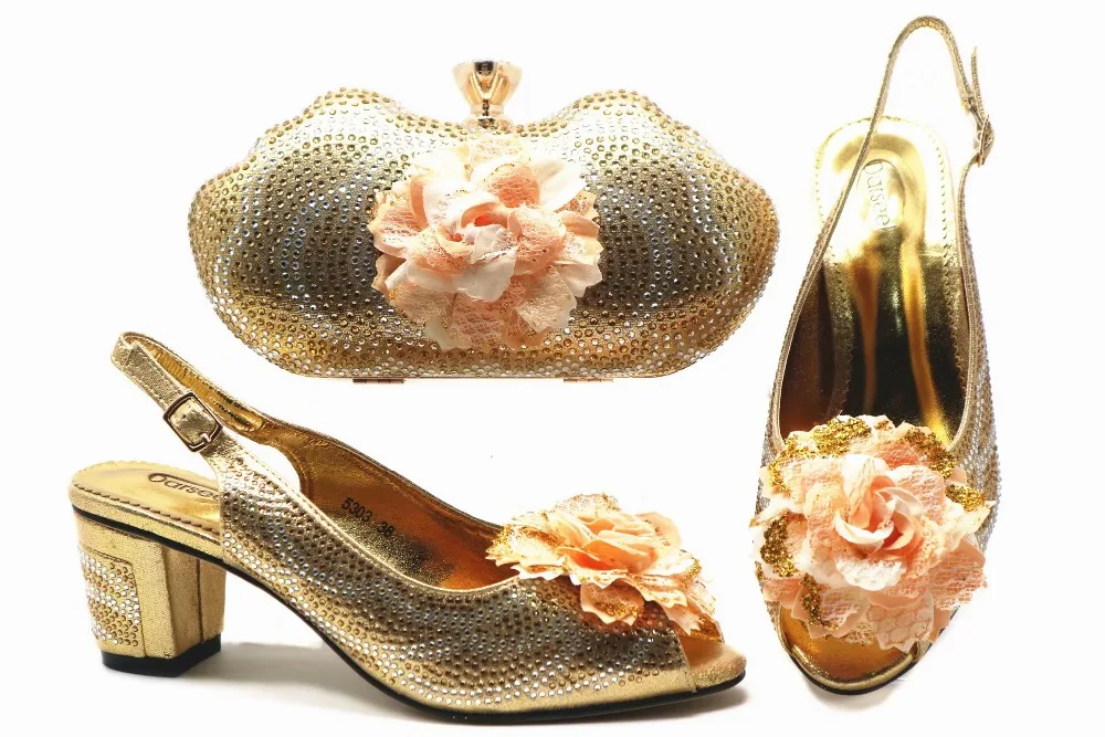 

Fashion sandal shoes and clutches bag with big flowers nice fashion gold italian shoes and bag for african aso ebi SB8335-5