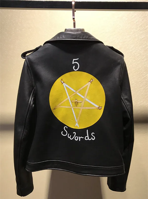 

2019 Spring autumn women genine leather jackets Chic Moto & Biker jackets Tarot print sheepskin short coat D944