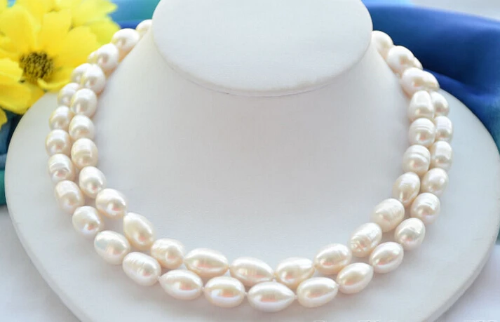 

FREE shipping>>>>Z6440 2strands 13mm rice white Freshwater cultured PEARL necklace 18inch 6.07 6.8 6.09