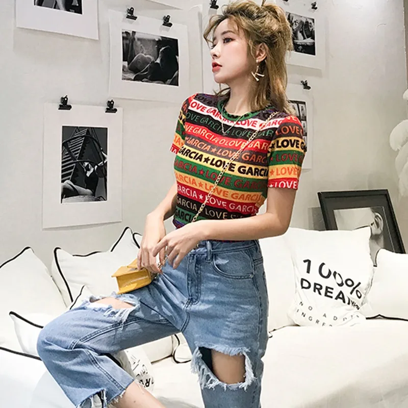

New Women Fashion Letter Printed Colorful Striped Short Sleeve T Shirt Female Summer Sexy Korean O Neck Casual T-Shirt