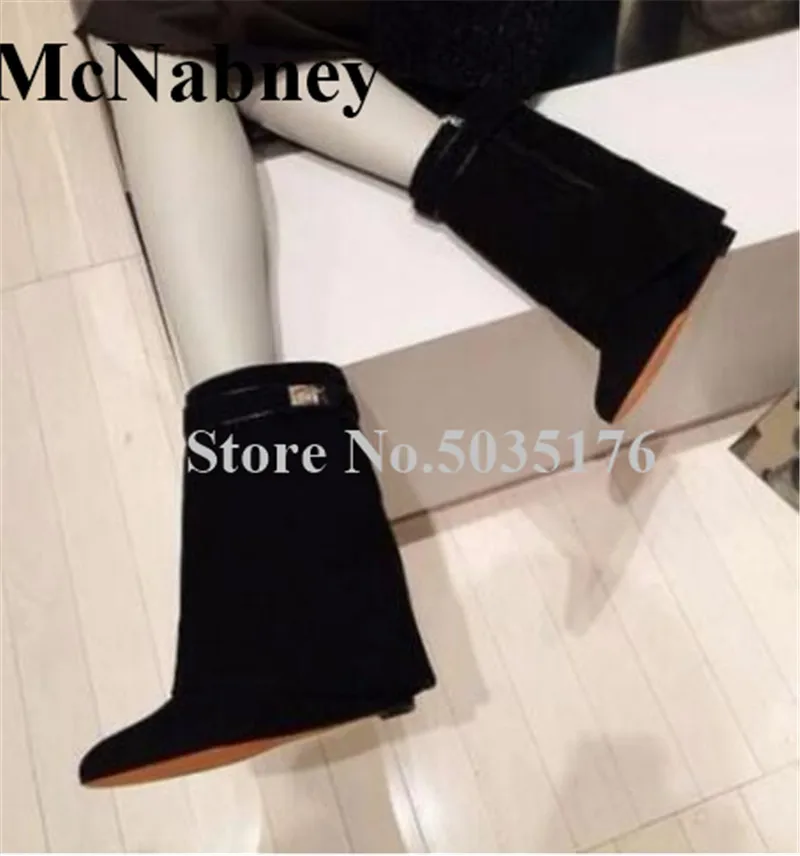 

2019 European New Fashion Sexy Solid Round Toe Height Increasing Mid-Calf Buckle Strap Short Boots Spring/Autumn Women Shoes