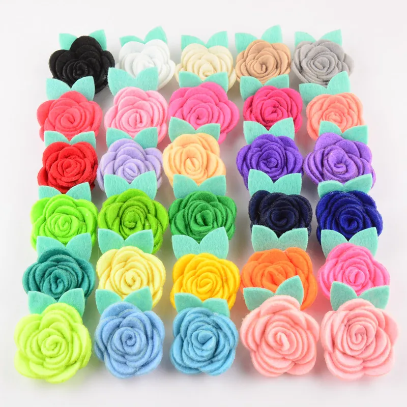 

10PCS 30colors Handmade Non Woven Fabric Rose Flowers with Green Leaf Flat Back For Baby Girls DIY Garments Hair Accessories