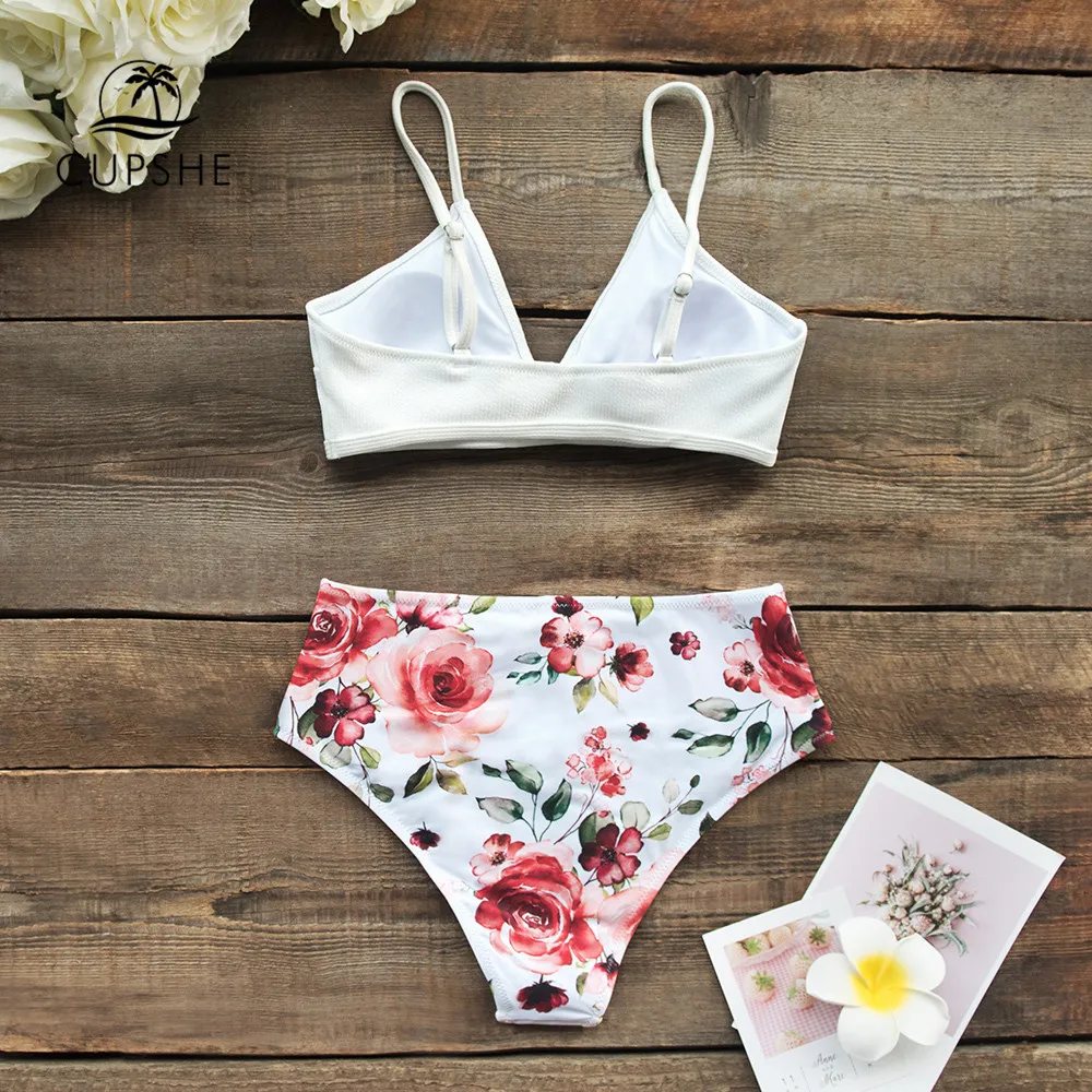 Billig CUPSHE Lvory und Rose Verknotet High Taille Bikini Sets Sexy Cut Out Badeanzug Zwei Stück Bademode Frauen 2019 Strand badeanzug