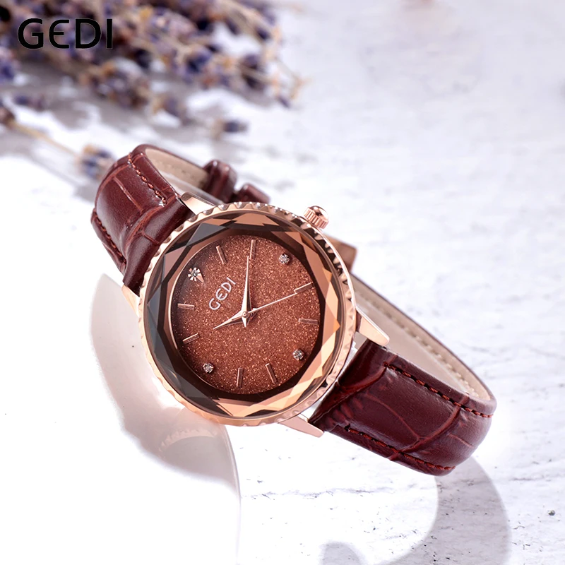 

GEDI Women's Watch Starry Dial Quartz Women Watches Leather Strap Fashion Top Luxury Female Clock Ladies Woman Wrist Watch