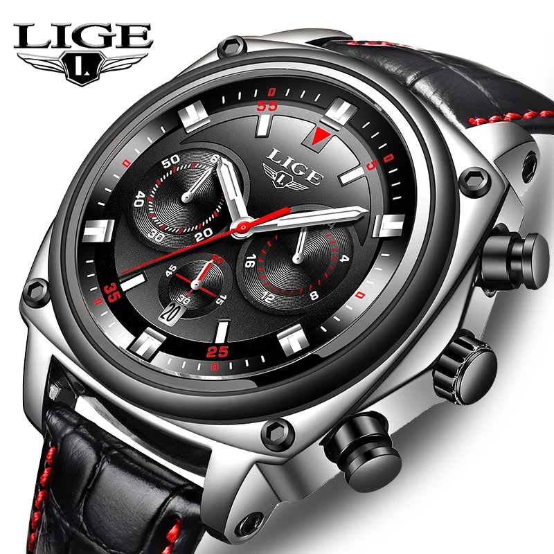 

LIGE Watch Men Casual Leather Sports Watches Men's Brand Luxury Watch Fashion Chronograph Waterproof Military Quartz Clock Watc