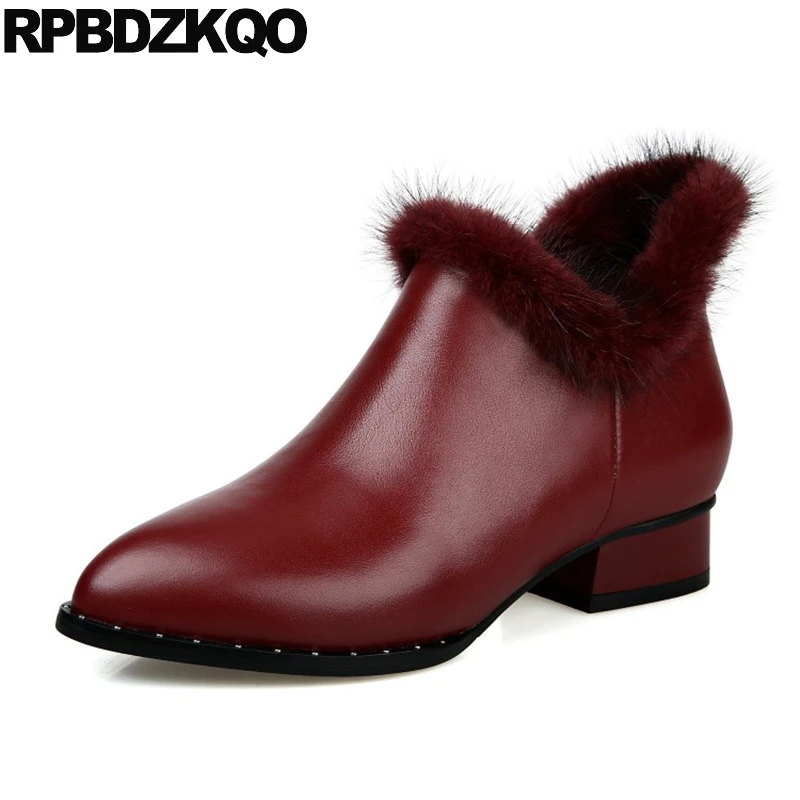 

Luxury Wine Red Ankle Side Zip Boots Booties Mink Chunky Shoes Pointed Toe Fashion Chinese 2017 Ladies Short New Female