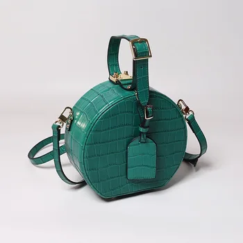 

Crocodile-pattern Round Suitcase Box Bag 2020 New split Leather One-shoulder Slanting Lady Bag Summer