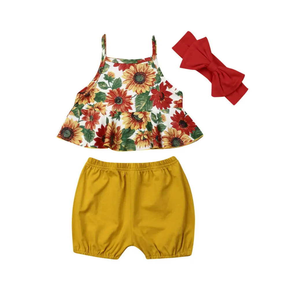 

Newborn Baby Girl Sunflower Sling Tops Shorts Headband Outfits Summer Clothes Sets 3PCS