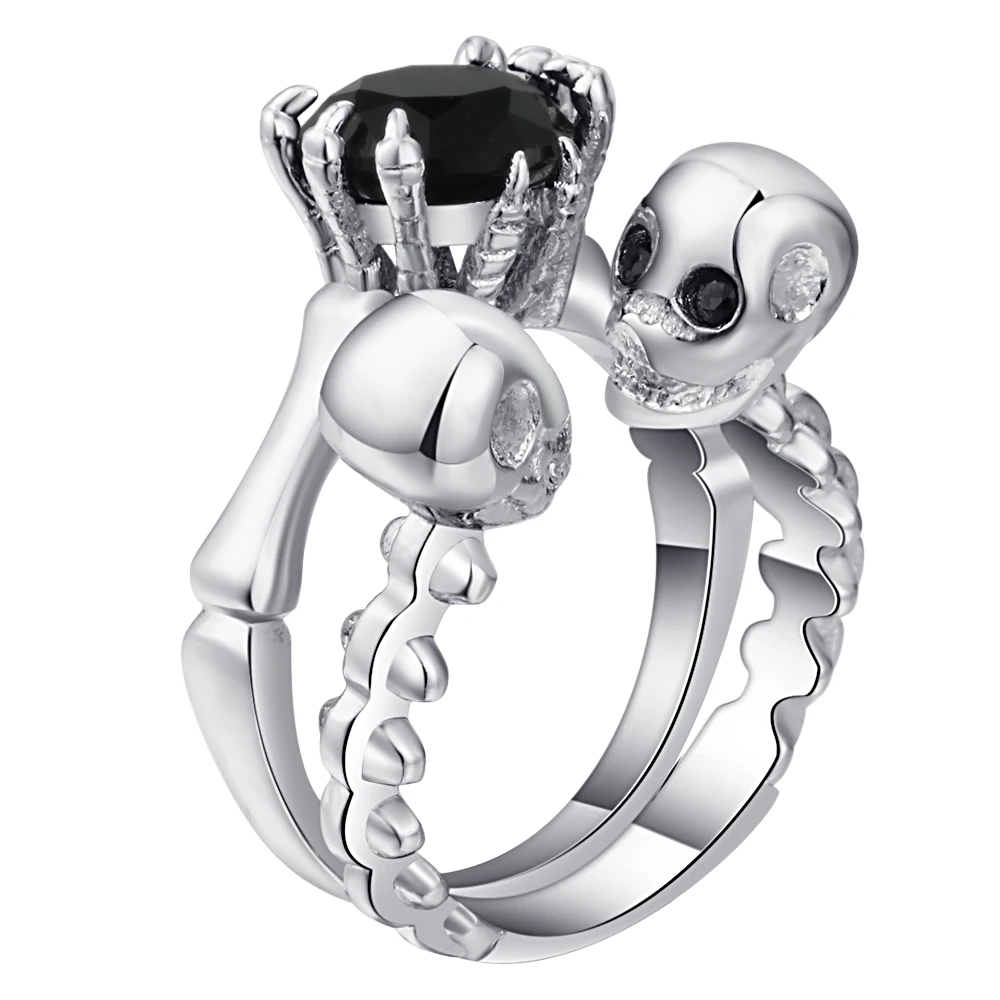 

Hainon Men's Double Skull Ring Sets Silver Color Princess Cut 6mm Black Zircon Women's Wedding Ring Punk Jewelry Size 6-10