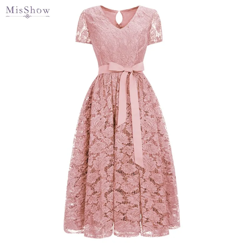 

2019 Pink Floral Lace Women Party Dress Summer V Neck Short Sleeve Knee Length Vintage Swing vestidos