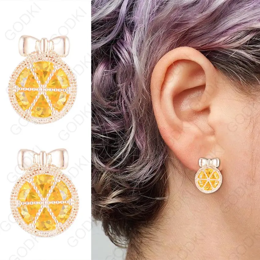 

GODKI 15mm Elegant Bowknot Orange Fruit Shape Cubic Zirconia Women Statement Korean Earring Wedding Party Bridal Jewelry