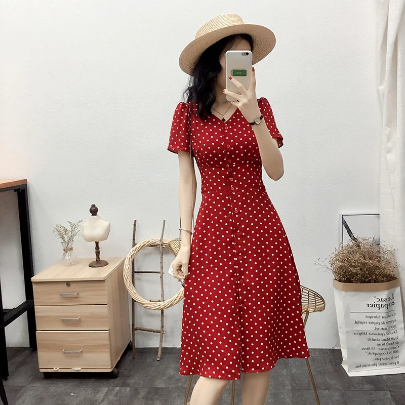 

Vintage 80s Dress French Style Polka Dot Button Up Midi Dress Short Puff Sleeve High Waisted Retro Holiday Dress Women