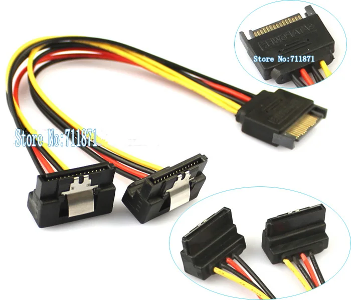 One Male Two Female SATA Power Cable 90 degree Right Angle One point 2