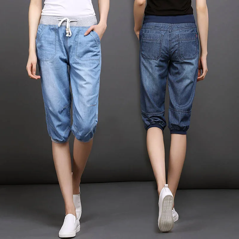 Slim Woman Short Denim Summer Knee Length Capri Jeans Plus Size Mom Jeans Elastic Waist Thin Women Harem Pant Jean Push Up Denim