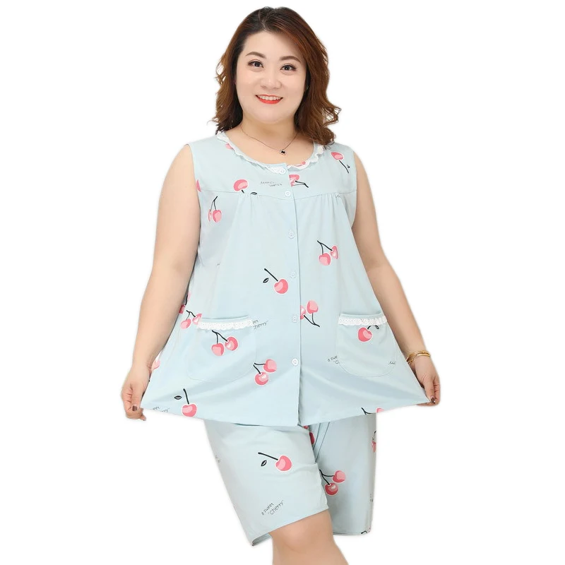 

Plus size 130KG XXXXXL sweet cherry shorts pajamas sets women summer thin 100% cotton sleeveless women sleepwear large size