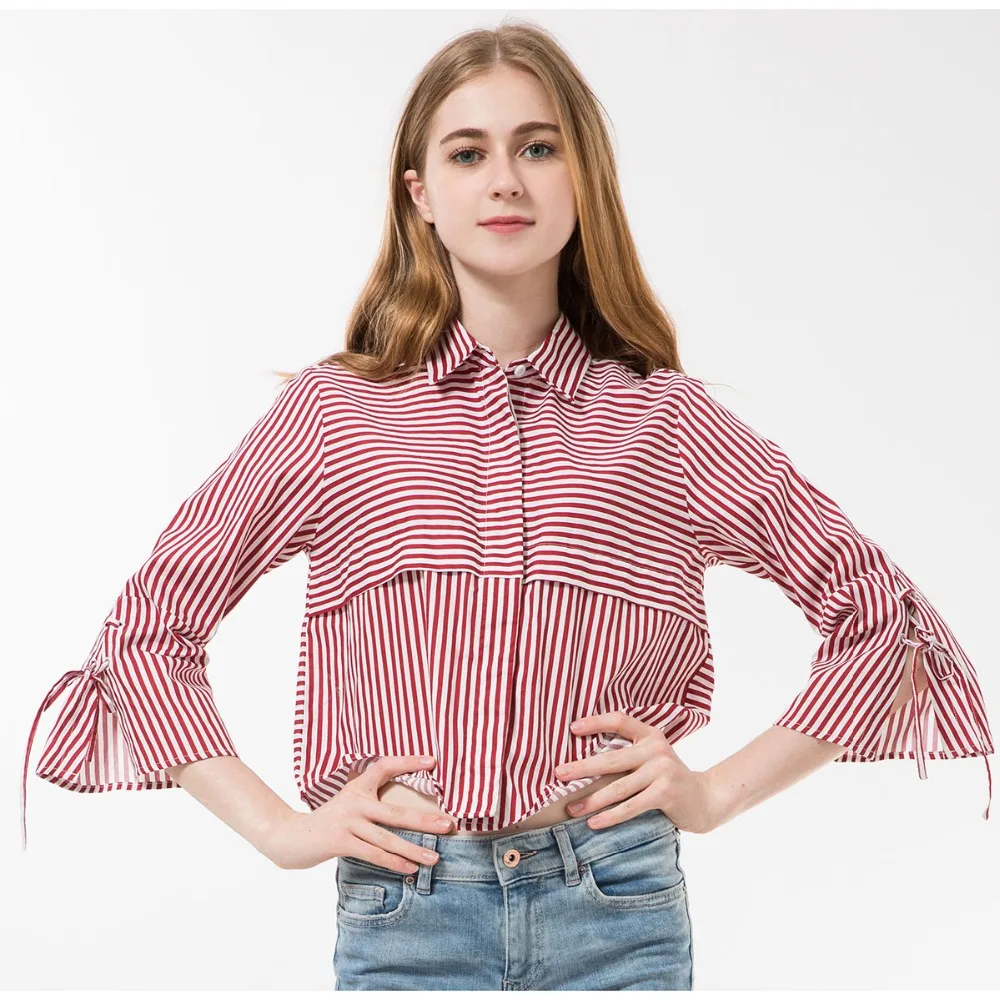 

2018 New Striped Blouses Women Shirts Bow Flare Sleeve Women Tops Tees Short Three Quarter Female Shirt Cotton Plus Size Blusas