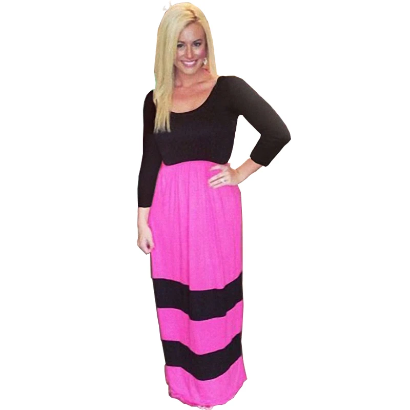 Black And Purple Blocked Color Long Sleeve Maxi Dress Cheap Casual