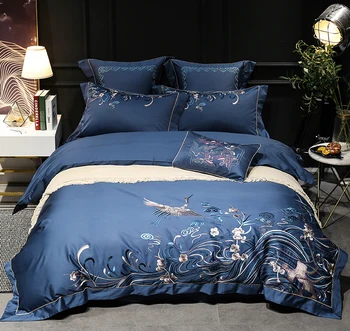 

Egyptian Cotton 120s Luxury Embroidery Royal Bedding Set 4/6pcs King Queen Bed Sheet Cover set Duvet Cover Blue colorful