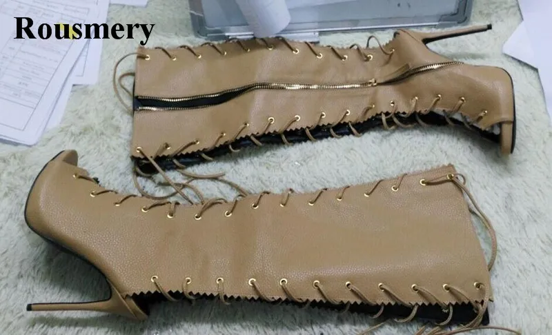 Hot Selling Women New Design Open Toe Lace-up Mid-calf High Heel Boots Cut-out Zipper-up Thin Heel Gladiator Boots Hot Selling Women New Design Open Toe Lace-up Mid-calf High Heel Boots Cut-out Zipper-up Thin Heel Gladiator Boots
