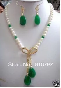 

free shipping *******Exquisite white pearl green stone earrings pendant necklace