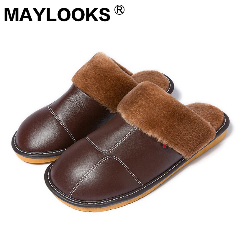 

Men's Slippers Winter Leather Sheepskin Thickening Plush Home Indoor Slip Warm Men's Slippers 2018 New Mayolooks Tb021
