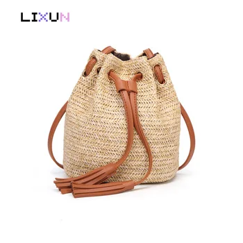 

Beach Solid String Mini Bucket Bags Female Summer Knitting Straw Bags Sweet Hot Casual Holiday Tassel Crossbody Bag Handbags