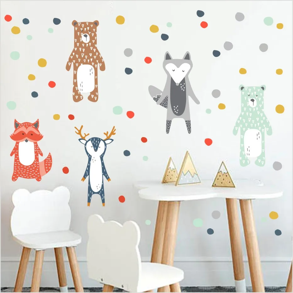  Cartoon Forest Animals Wall Sticker Giraffe Bear Fox Decals Colorful Dots Art Kindergarten For Nurs - 32880240262