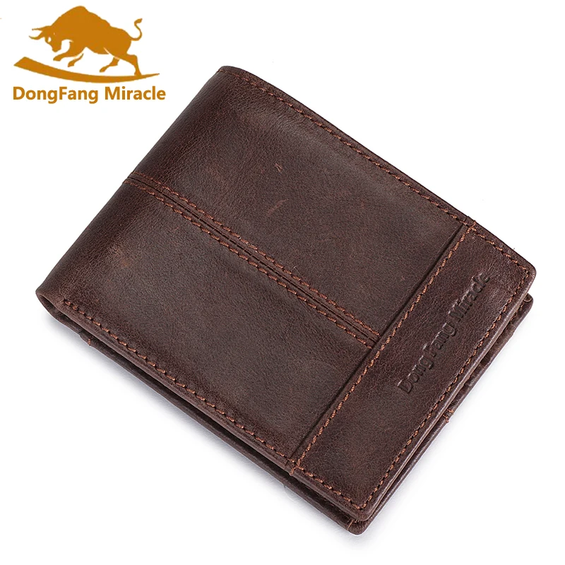 

DongFang Miracle Genuine Leather Mens Wallets Card Holder Male Short Wallet 6 Inch Cowhide Vintage Style Coin Purse Small Wallet
